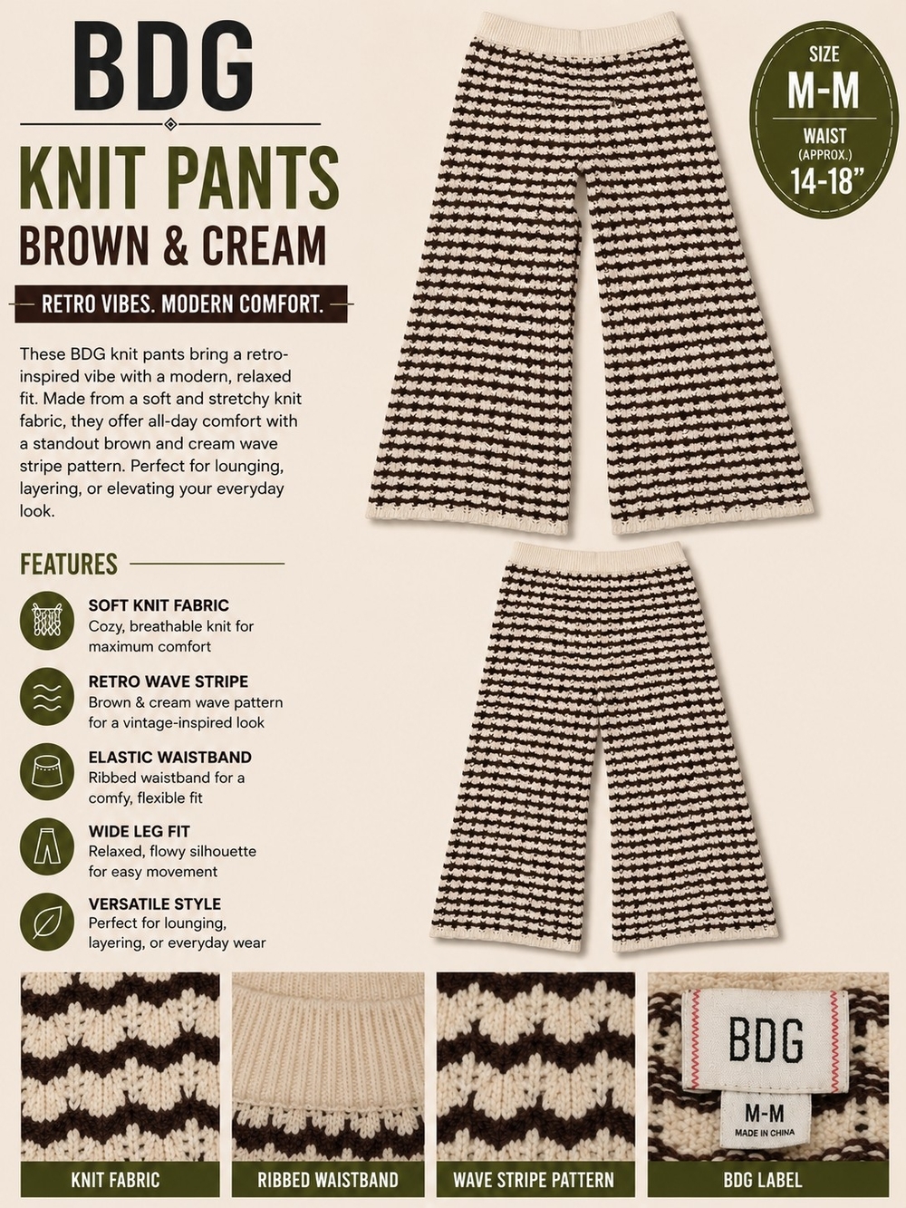BDG Brown & Cream Knit Wide-Leg Pants